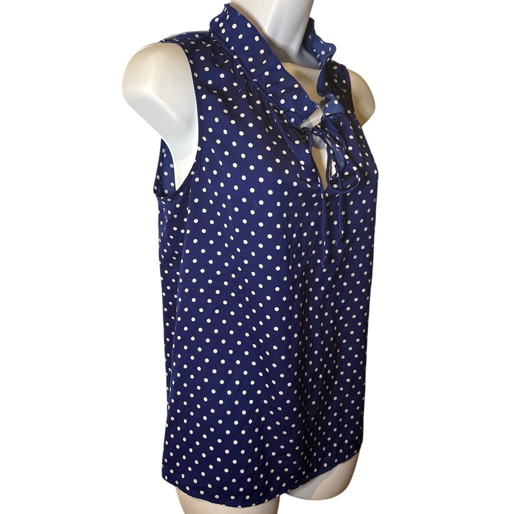 J Crew Blue Polka Dot Ruffle Tie Neck Sleeveless Top - Picture 3 of 6